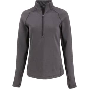 A grey half-zip jumper with long sleeves, featuring a zip at the neck and a logo on the chest.