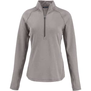 A grey half-zip jumper with long sleeves, featuring a quarter-length zipper and a logo on the chest.