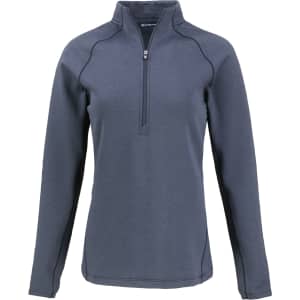 A dark grey half-zip jumper featuring long sleeves and a subtle logo. Ideal for casual or sporty wear.