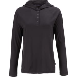 A black hooded shirt with a button-up neckline and long sleeves, featuring a logo on the hem.