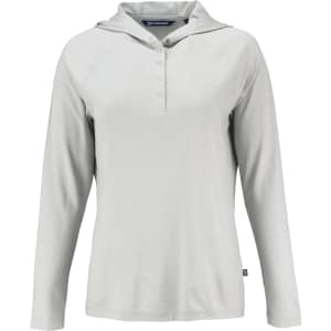 A light grey hooded shirt featuring a buttoned placket and long sleeves, with a logo on the label.