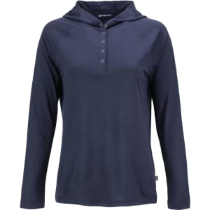 A navy blue hooded shirt for ladies with long sleeves and a button-up neckline. Includes a logo.