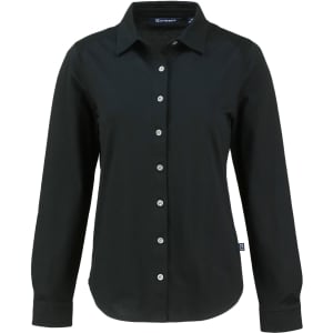 A black button-up long-sleeve woven shirt featuring a collar and buttons down the front, with a logo on the side.