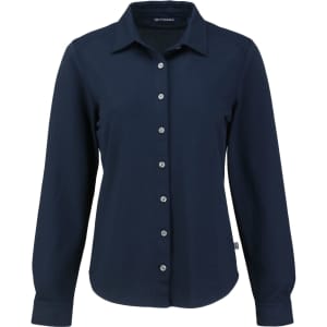A navy button-up shirt for women with a collar and long sleeves, featuring a logo on the side.