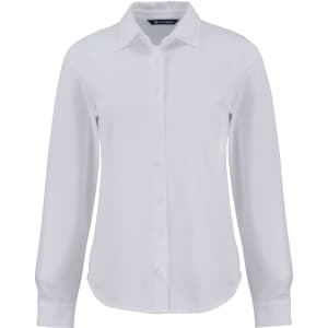 A white long-sleeve button-up shirt with a collar and a logo.