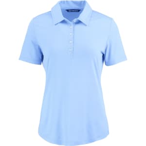 A light blue ladies polo shirt with a collar, five buttons, and a logo. Perfect for casual or active wear.