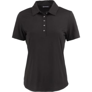 A black ladies' polo shirt with a collared neckline and button placket, featuring a logo on the chest.