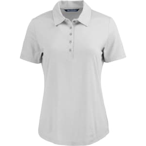 A light grey polo shirt for ladies featuring a collar, short sleeves, and a button placket. Includes a logo.