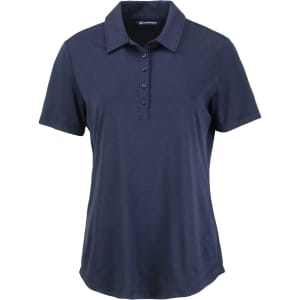 A navy blue ladies polo shirt with a collar, short sleeves, and a button-up front. It features a logo on it.