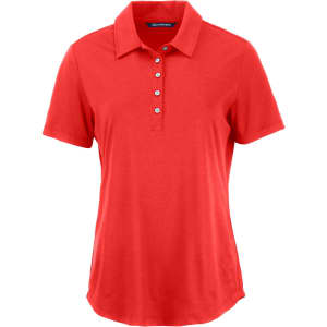 A red polo shirt with a buttoned placket and short sleeves, featuring a collar and a logo.