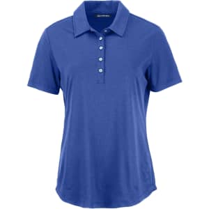 A blue polo shirt with a collar and button placket, featuring a logo on the chest.
