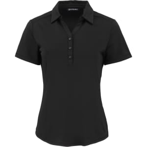 A black polo shirt with a collar and button placket, featuring a logo on the chest.