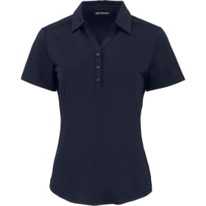 A navy polo shirt for ladies with a collared neckline and a button-up front, featuring a logo detail.