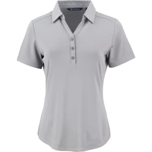 A light grey polo shirt with a buttoned placket and a collar. It features a logo on the front.
