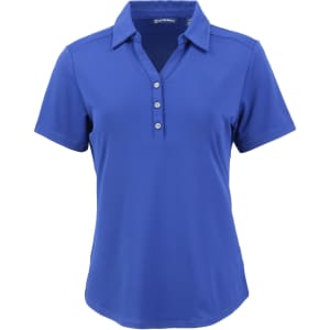 A women's polo shirt in vibrant blue, featuring a collar, button placket, and short sleeves. Includes a logo.