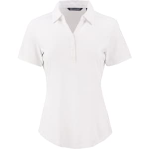 A white polo shirt for women featuring a classic collar and a branded logo. Short sleeves and button detail included.