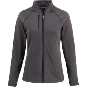 A grey eco fleece full zip jacket for women featuring a zippered chest pocket and a branded logo.