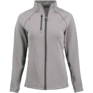 A grey eco fleece full zip jacket for ladies with a zippered chest pocket and a logo on the front.
