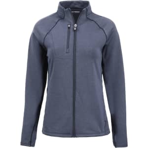 A full zip fleece jacket in navy blue, featuring a high collar and a zippered chest pocket. Includes a logo.