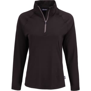 A ladies' quarter zip top in black with long sleeves and a mock collar, featuring a logo.