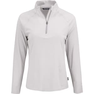 A light grey quarter-zip long sleeve top with a stand collar and a subtle logo at the hem.