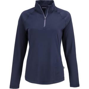 A navy quarter zip pullover for women with long sleeves and a simple design, featuring a logo on the side.