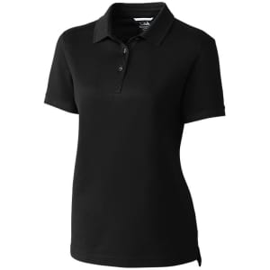 A black women's polo shirt with a collar, featuring a logo. Suitable for casual or active wear.