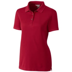 A red ladies' polo shirt featuring a collar, three buttons, and a logo on the chest.
