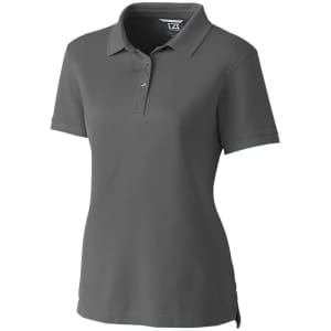 A grey women’s polo shirt featuring a collared design and a logo on the chest. Suitable for casual wear.