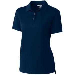 A navy blue women's polo shirt with a collar, short sleeves, and a logo on the chest.