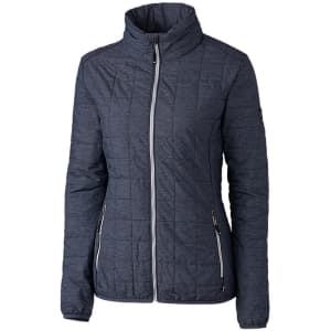 A dark blue women's rain jacket featuring a high collar and zippered front pockets. It has a logo on the sleeve.