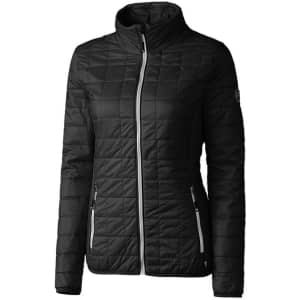 A black ladies' rain jacket featuring a zip front, quilted design, and side pockets. It has a logo on one sleeve.