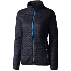 A black ladies' rain jacket with blue zippers and a high collar, featuring two zipped pockets and a logo.
