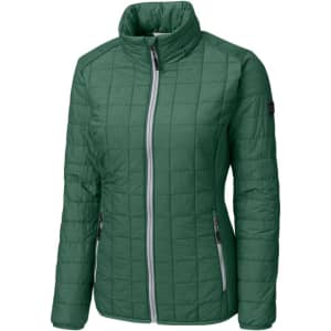 A green, quilted ladies' rain jacket featuring a high collar and zippered front pockets, with a logo on the sleeve.