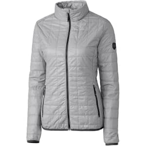 A light grey rain jacket with a fitted design, featuring a zipper and side pockets, and a small logo on the sleeve.