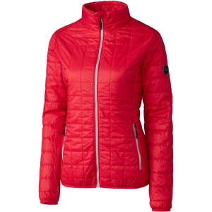 A red ladies rain jacket features a zip front, high collar, and is styled with a logo on the sleeve.
