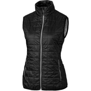A black ladies' vest with a high collar, featuring a zip closure and side pockets. It has a logo on it.