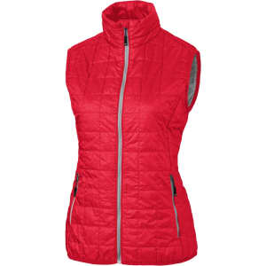 A red puffer vest with a high collar and zipper front, featuring two side pockets and a logo.