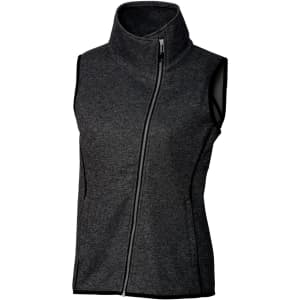 A sleeveless grey vest with a high collar and front zipper, featuring a contrasting trim and a logo.