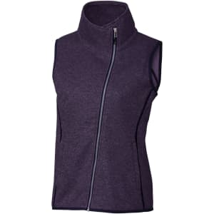 A purple sleeveless vest with a high collar and a front zipper, featuring a logo on the side.