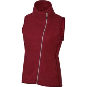 A red ladies' vest with a high collar and a zip front, featuring a fitted design and contrasting inner lining.