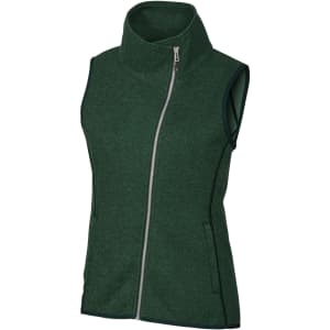 A green sleeveless vest with a high collar and zippered front, featuring pockets on the sides.