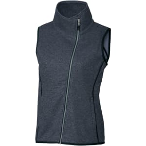 A grey sleeveless vest with a high collar and a front zip. It features contrasting trim.