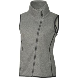 A grey ladies' vest featuring a high collar and zip front, with contrasting black accents and a logo.