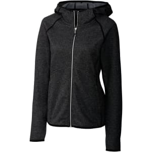 A charcoal grey hooded jacket with zip fastening and contrasting black trim. It features a logo on the garment.