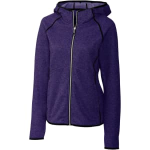 A purple hooded jacket with a zip front, featuring contrasting black seams and a logo on the chest.