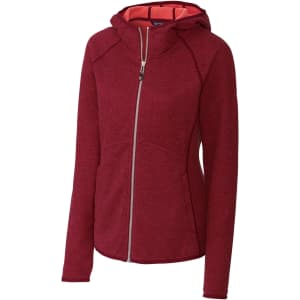 A hooded jacket in a deep red hue with a zip front and contrasting inner lining. It features a logo on the sleeve.