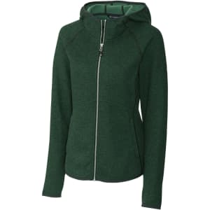 A green hooded jacket with a zip front and fitted design, featuring a logo on the chest.