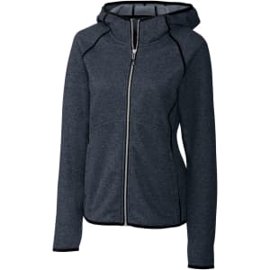 A dark grey hooded jacket featuring a zip front and contrasting seams, designed for women. It includes a logo.