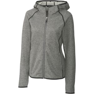A grey hooded jacket with a full zipper, featuring a fitted design and contrasting trim. It includes a logo on the garment.